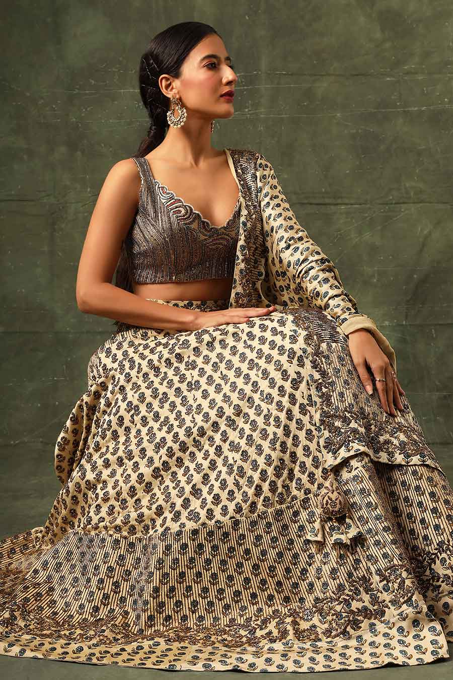 Beige Ajrakh Embroidered Lehenga Set