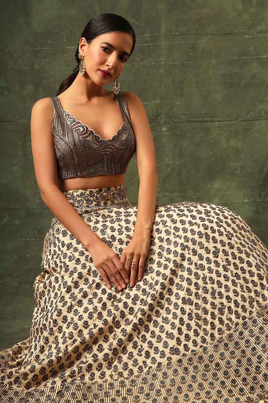 Beige Ajrakh Embroidered Lehenga Set