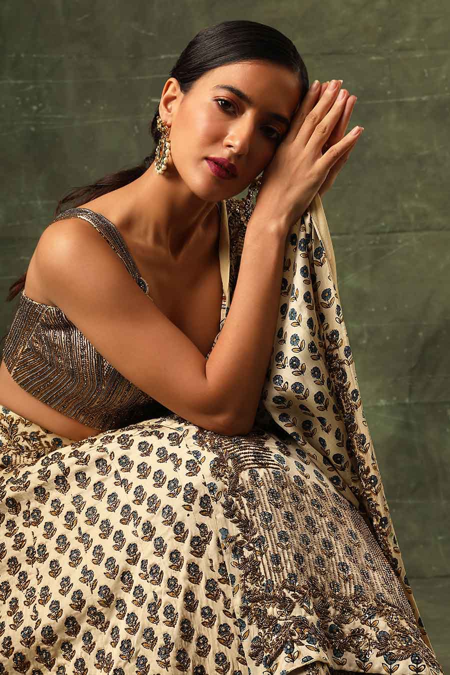 Beige Ajrakh Embroidered Lehenga Set