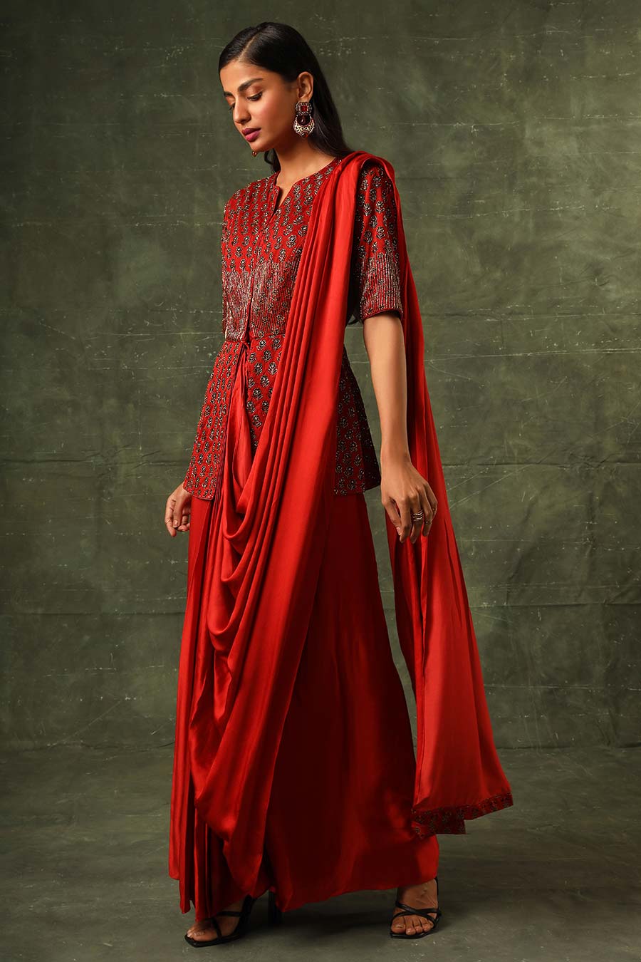 Red Ajrakh Embroidered Saree Gown