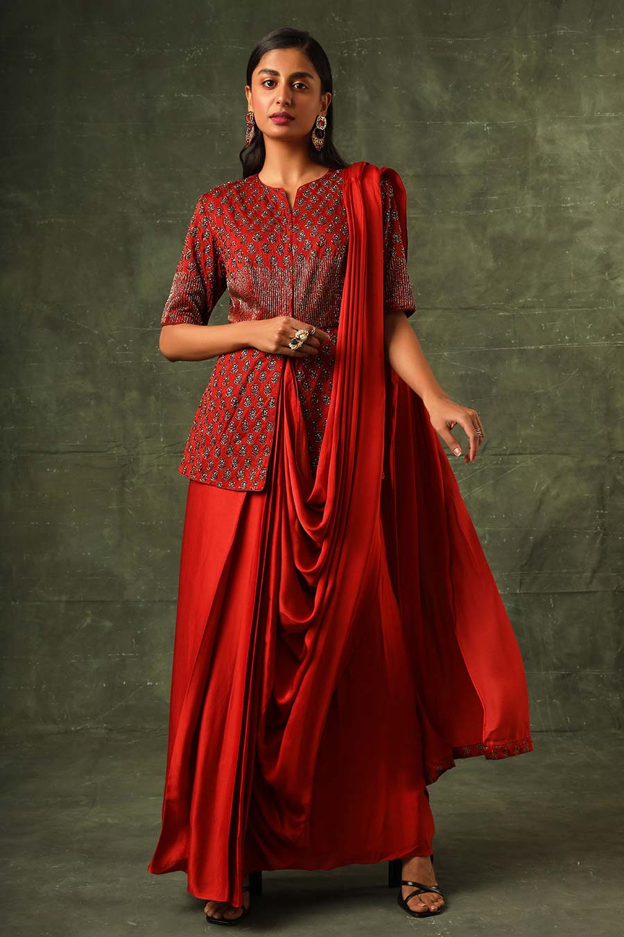 Red Ajrakh Embroidered Saree Gown