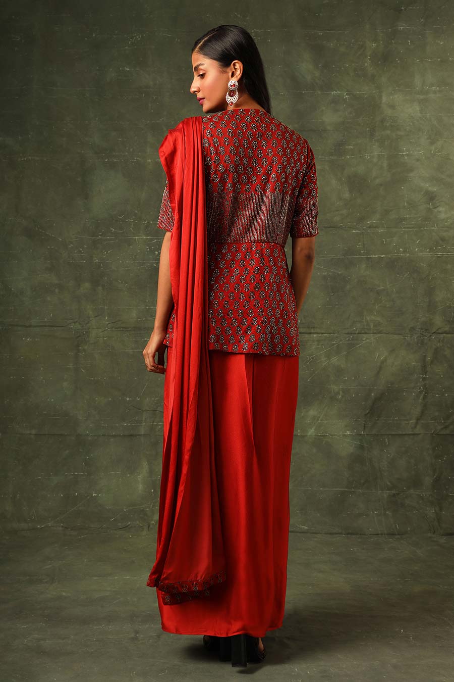 Red Ajrakh Embroidered Saree Gown
