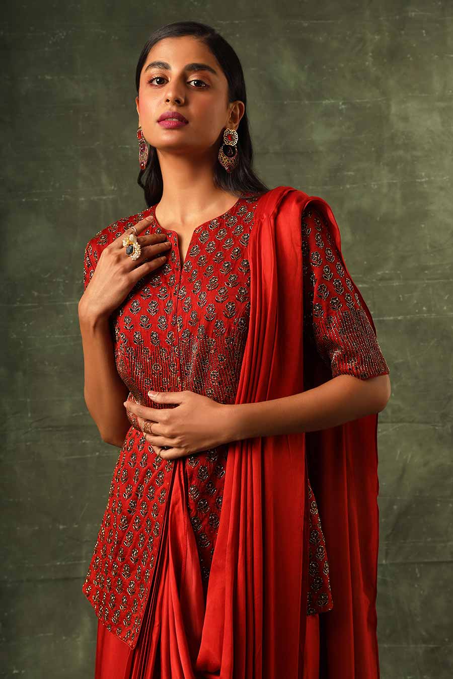 Red Ajrakh Embroidered Saree Gown