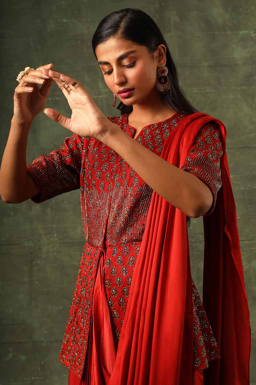 Red Ajrakh Embroidered Saree Gown