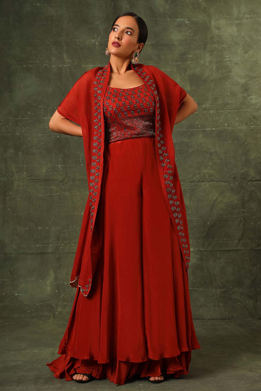 Red Ajrakh Embroidered Blouse, Pant & Cape Dupatta Set