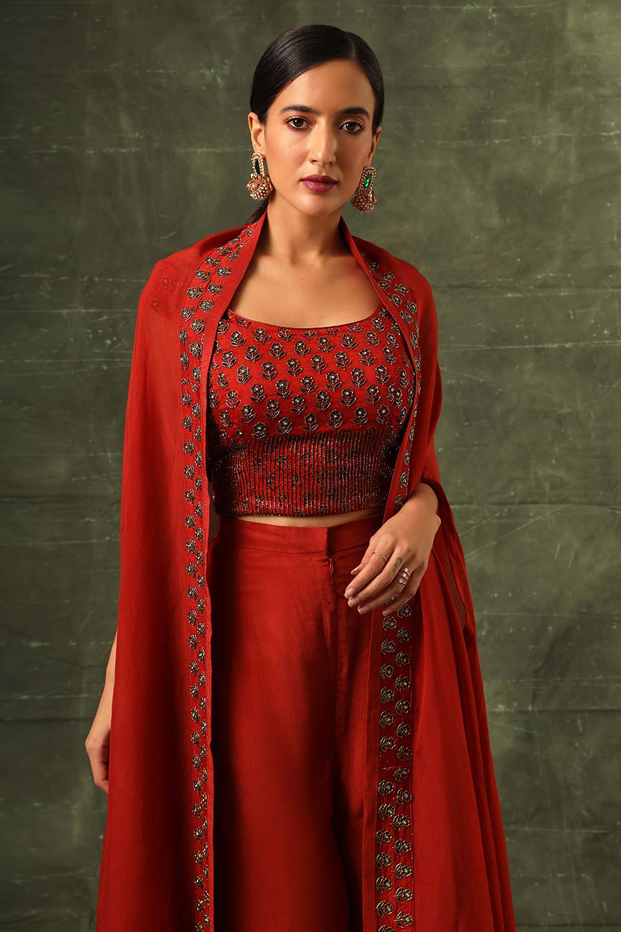 Red Ajrakh Embroidered Blouse, Pant & Cape Dupatta Set