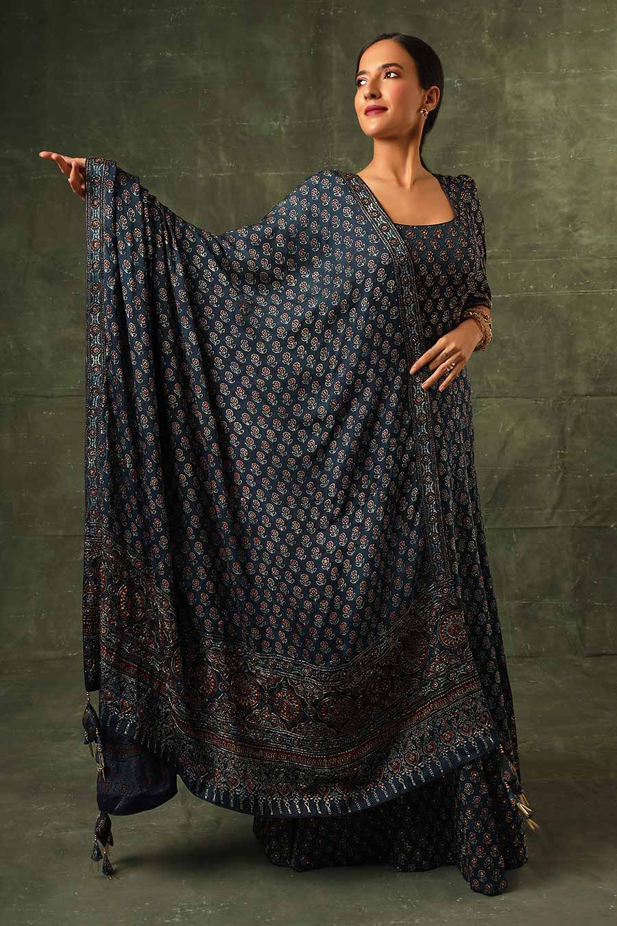 Blue Ajrakh Embroidered Anarkali With Dupatta Set