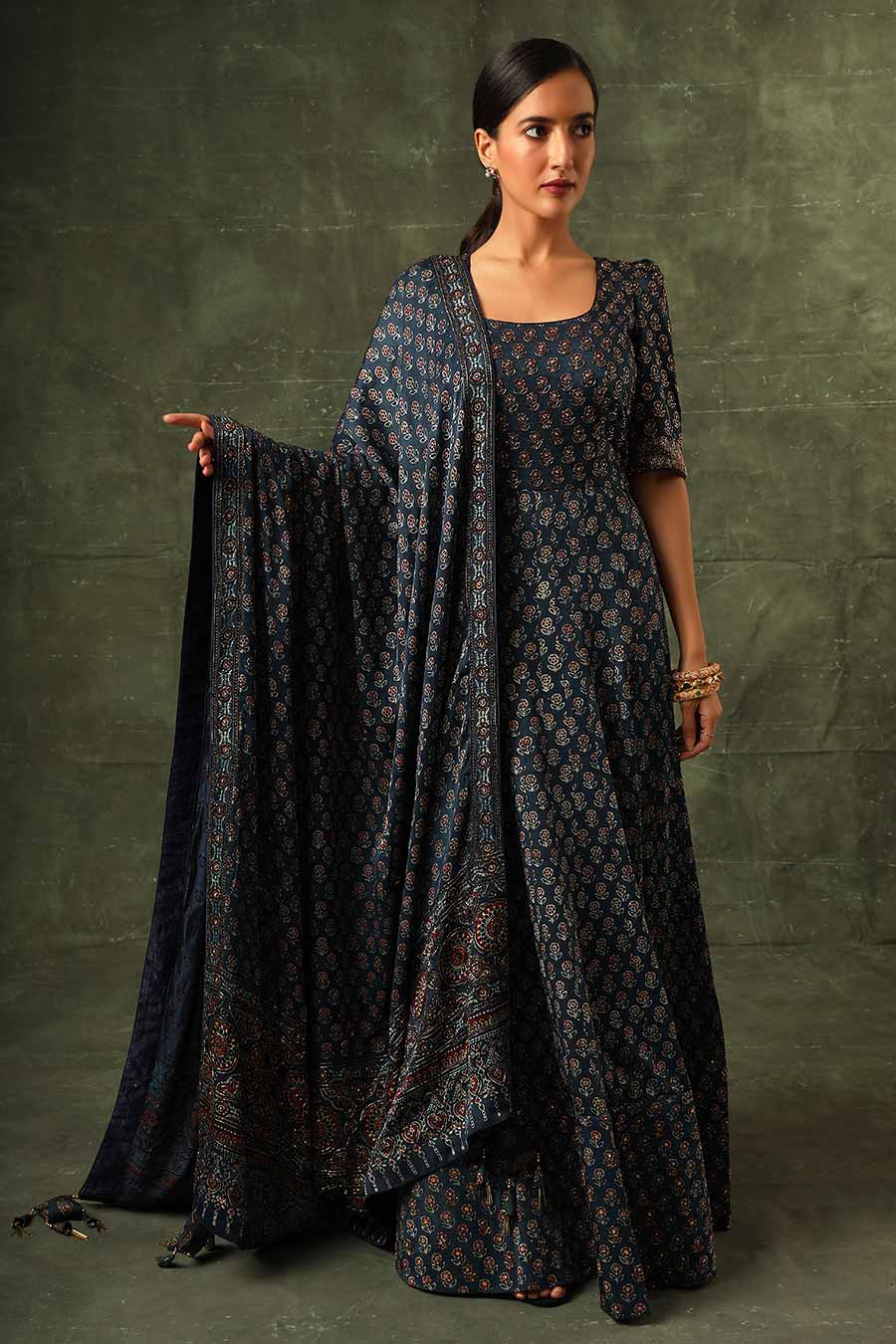 Blue Ajrakh Embroidered Anarkali With Dupatta Set