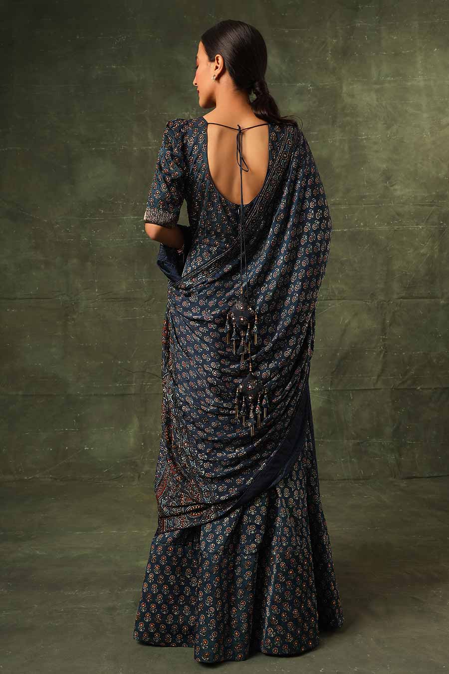 Blue Ajrakh Embroidered Anarkali With Dupatta Set