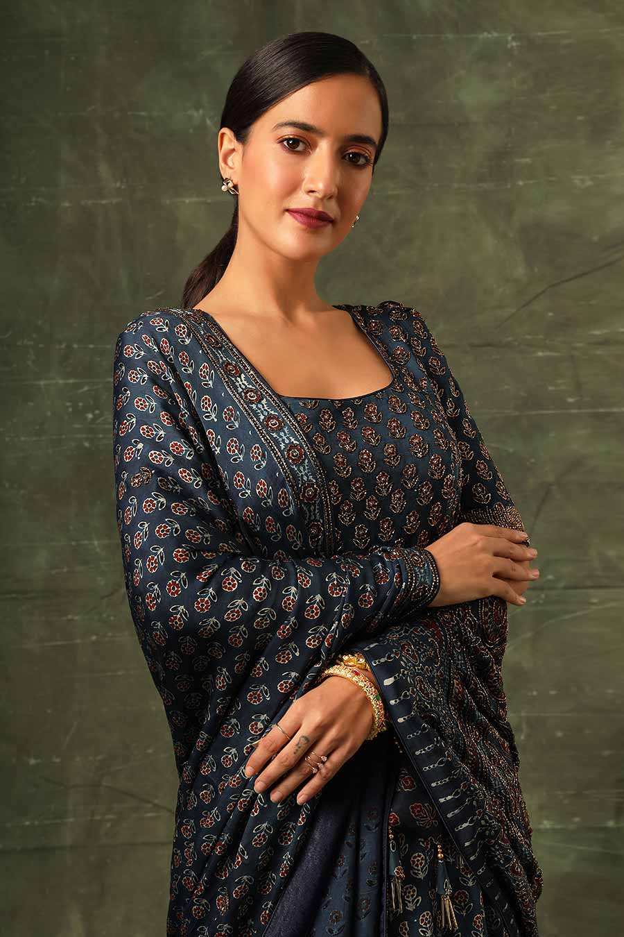 Blue Ajrakh Embroidered Anarkali With Dupatta Set