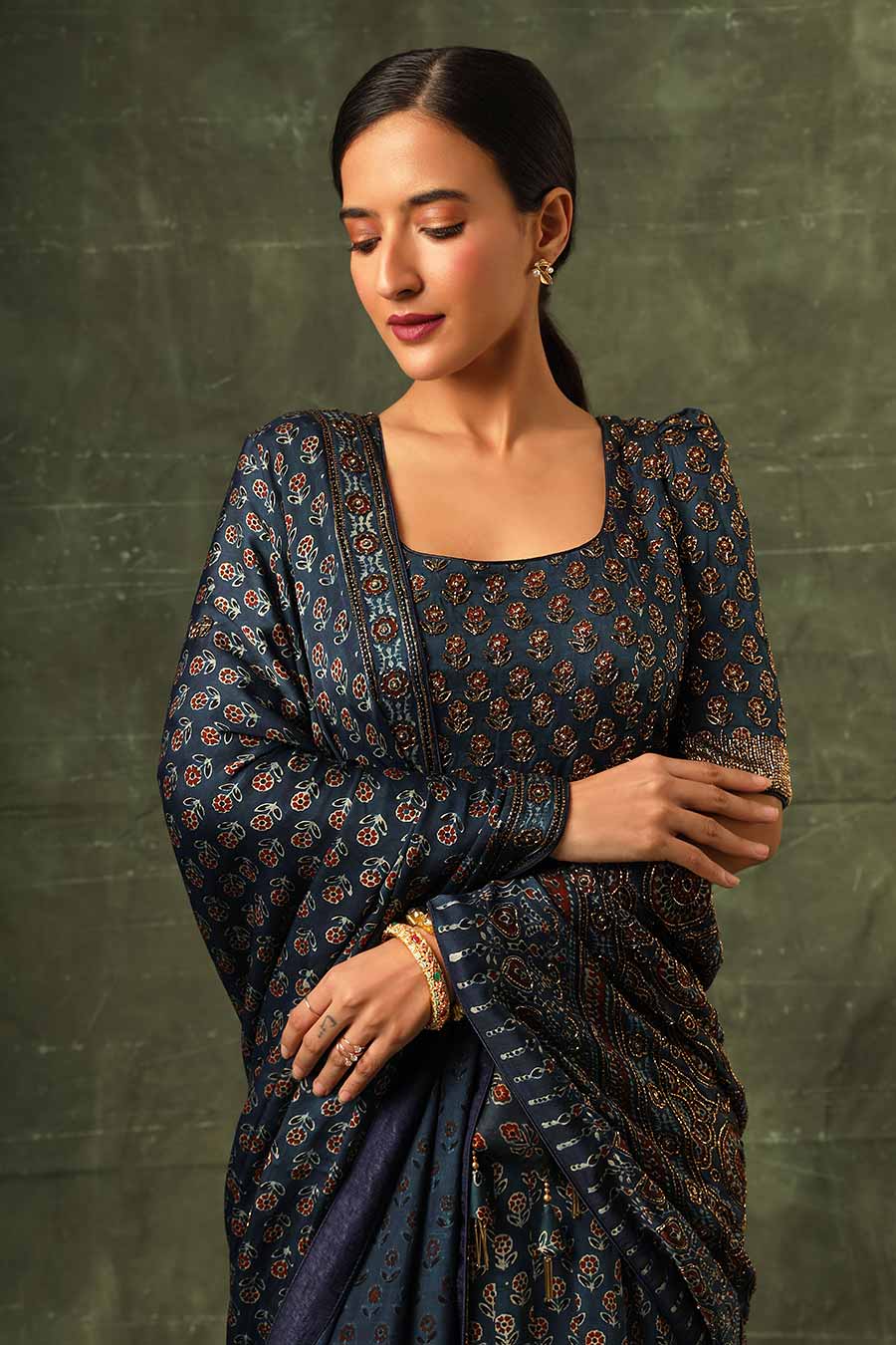 Blue Ajrakh Embroidered Anarkali With Dupatta Set
