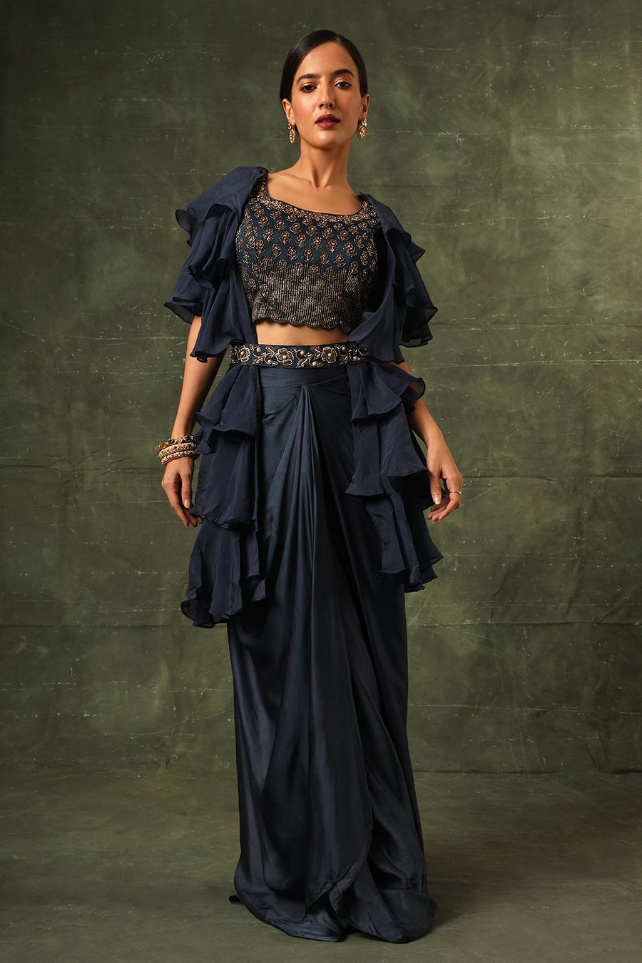 Blue Ajrakh Embroidered Blouse, Shrug & Skirt Set