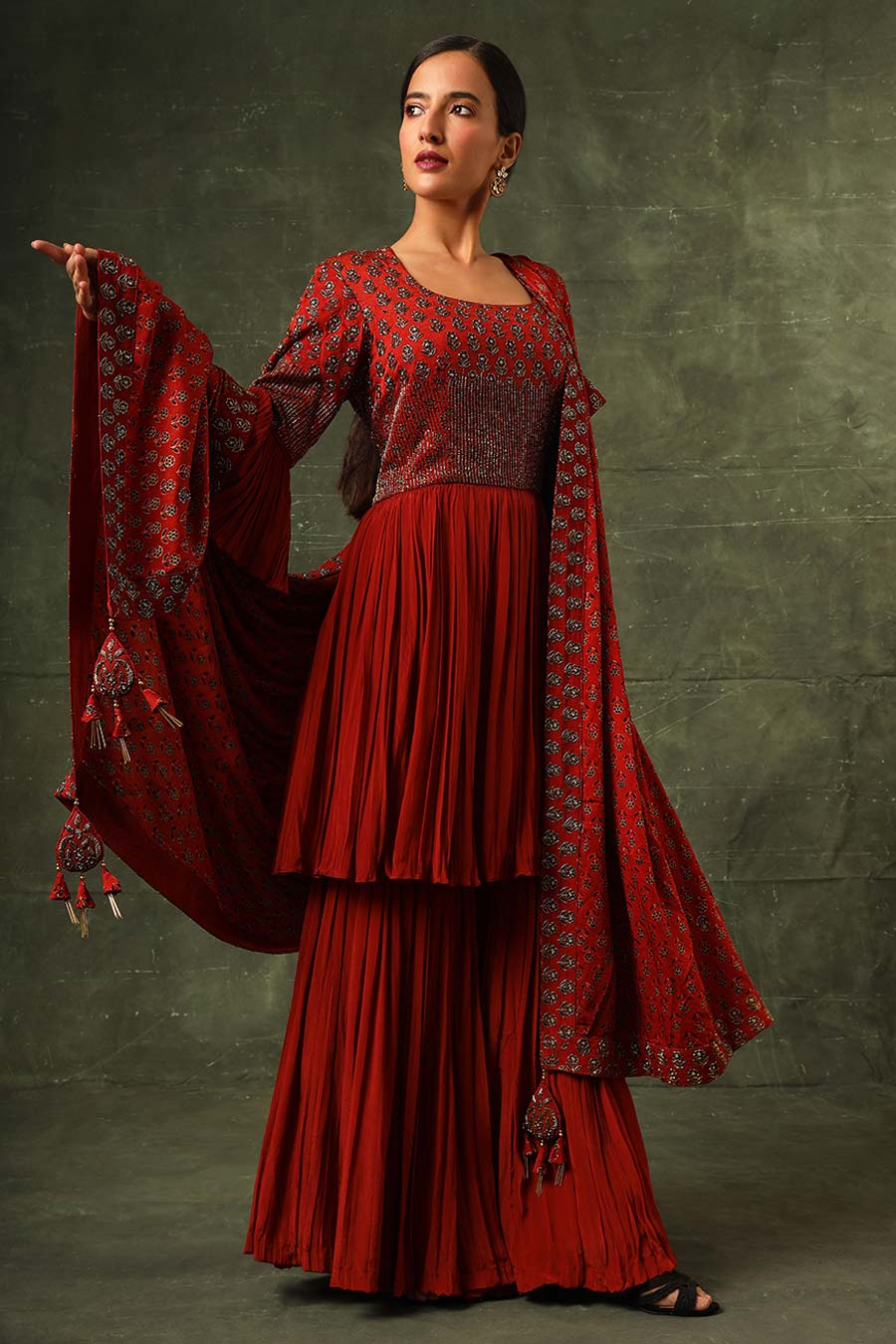 Red Ajrakh Embroidered Gathered Sharara Set