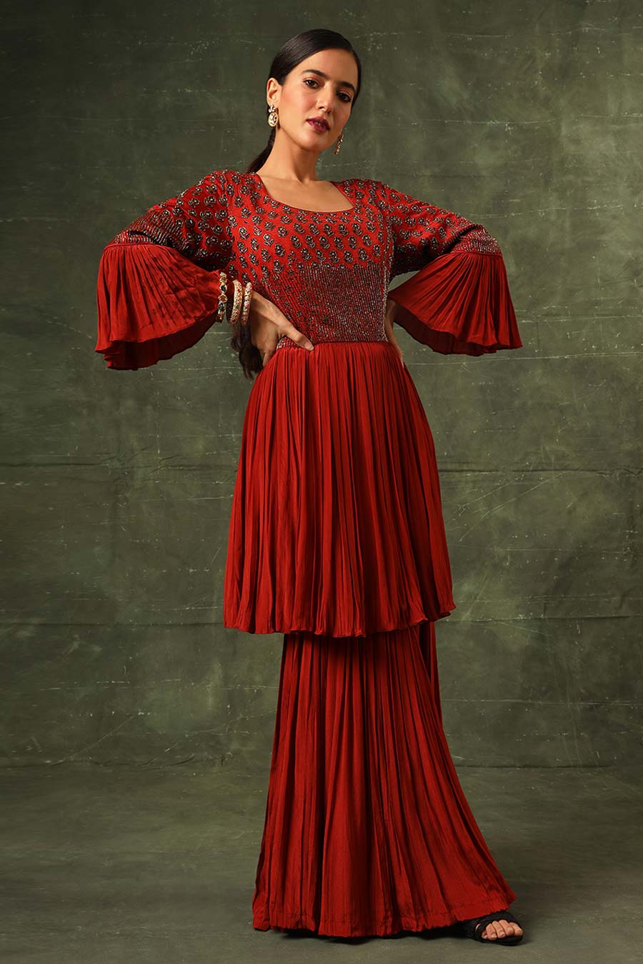Red Ajrakh Embroidered Gathered Sharara Set