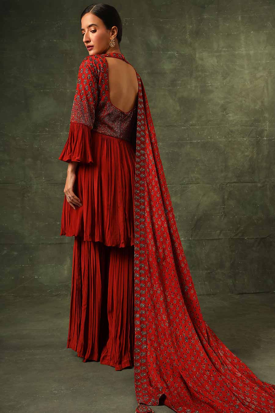 Red Ajrakh Embroidered Gathered Sharara Set