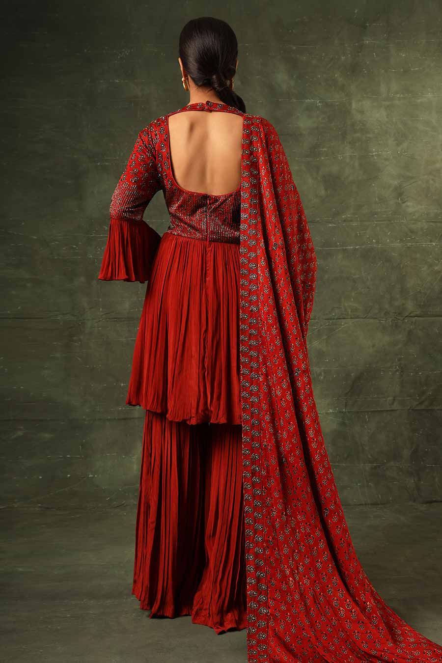 Red Ajrakh Embroidered Gathered Sharara Set