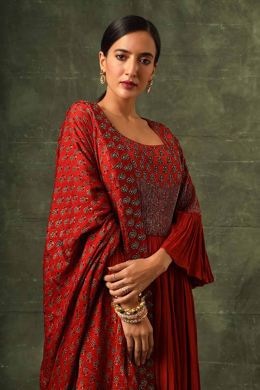 Red Ajrakh Embroidered Gathered Sharara Set