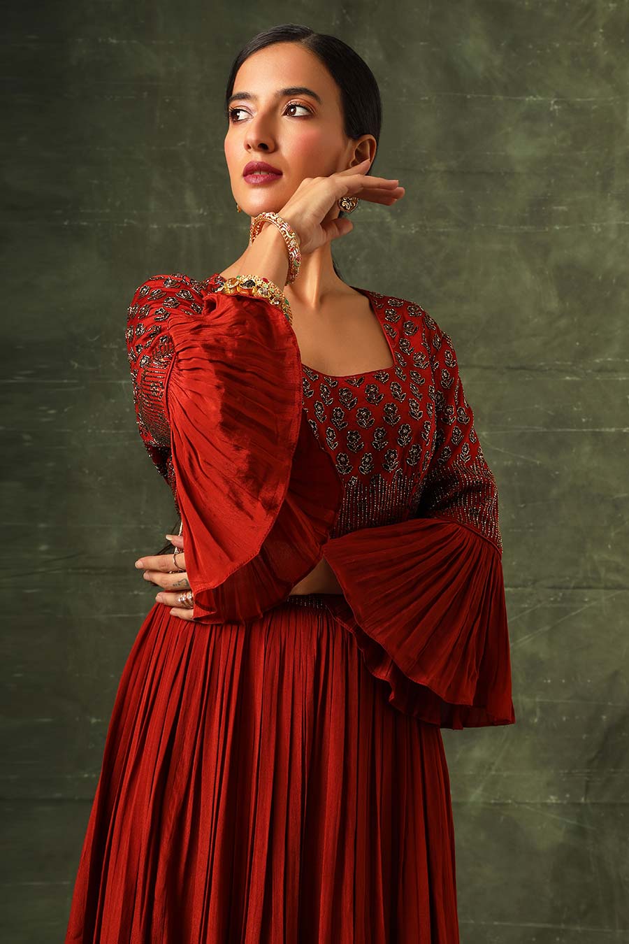 Red Ajrakh Embroidered Gathered Sharara Set