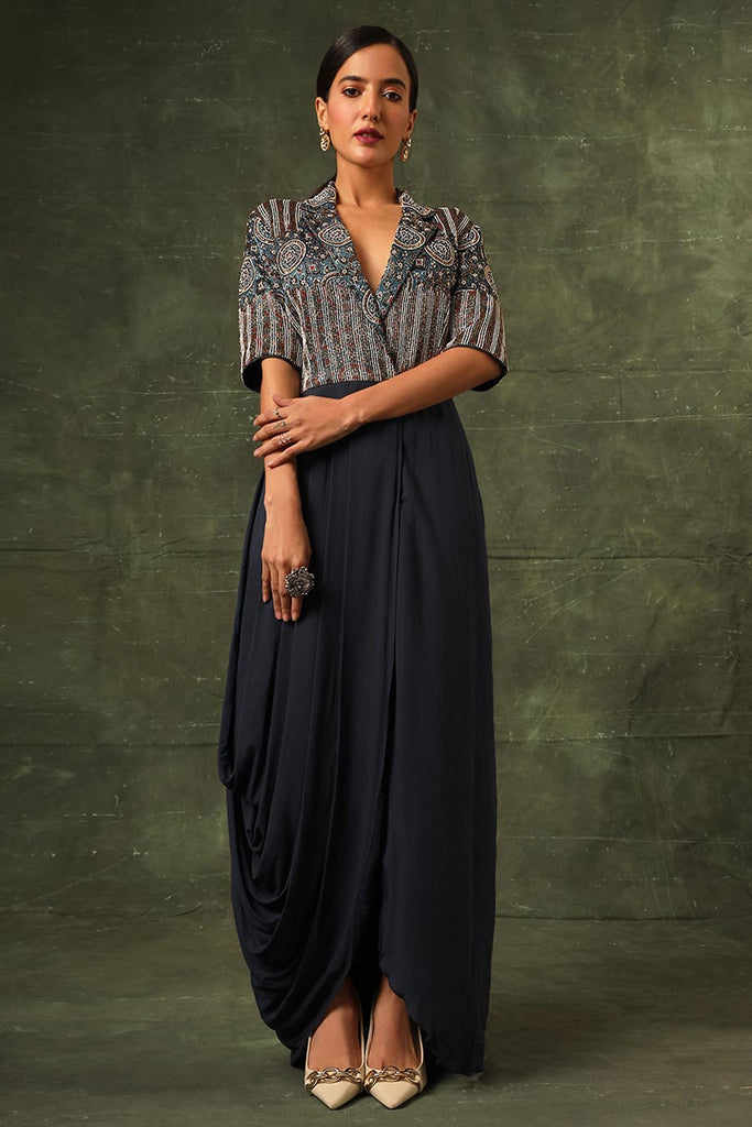 Blue Ajrakh Embroidered Draped Tunic Dress - Main Image