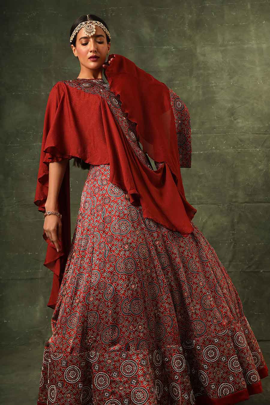 Red Ajrakh Embroidered Lehenga Set