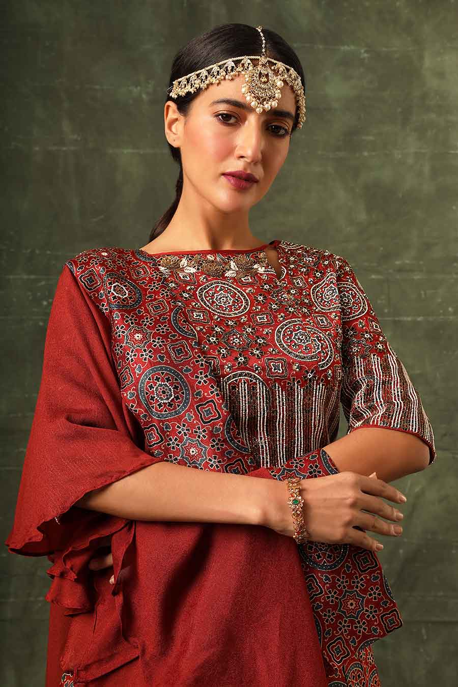 Red Ajrakh Embroidered Lehenga Set