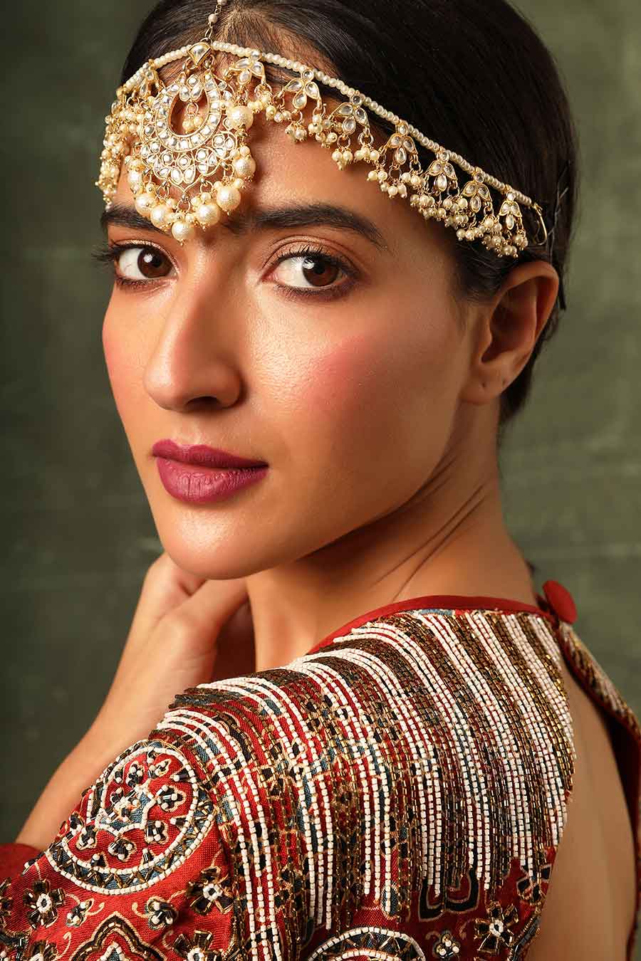 Red Ajrakh Embroidered Lehenga Set