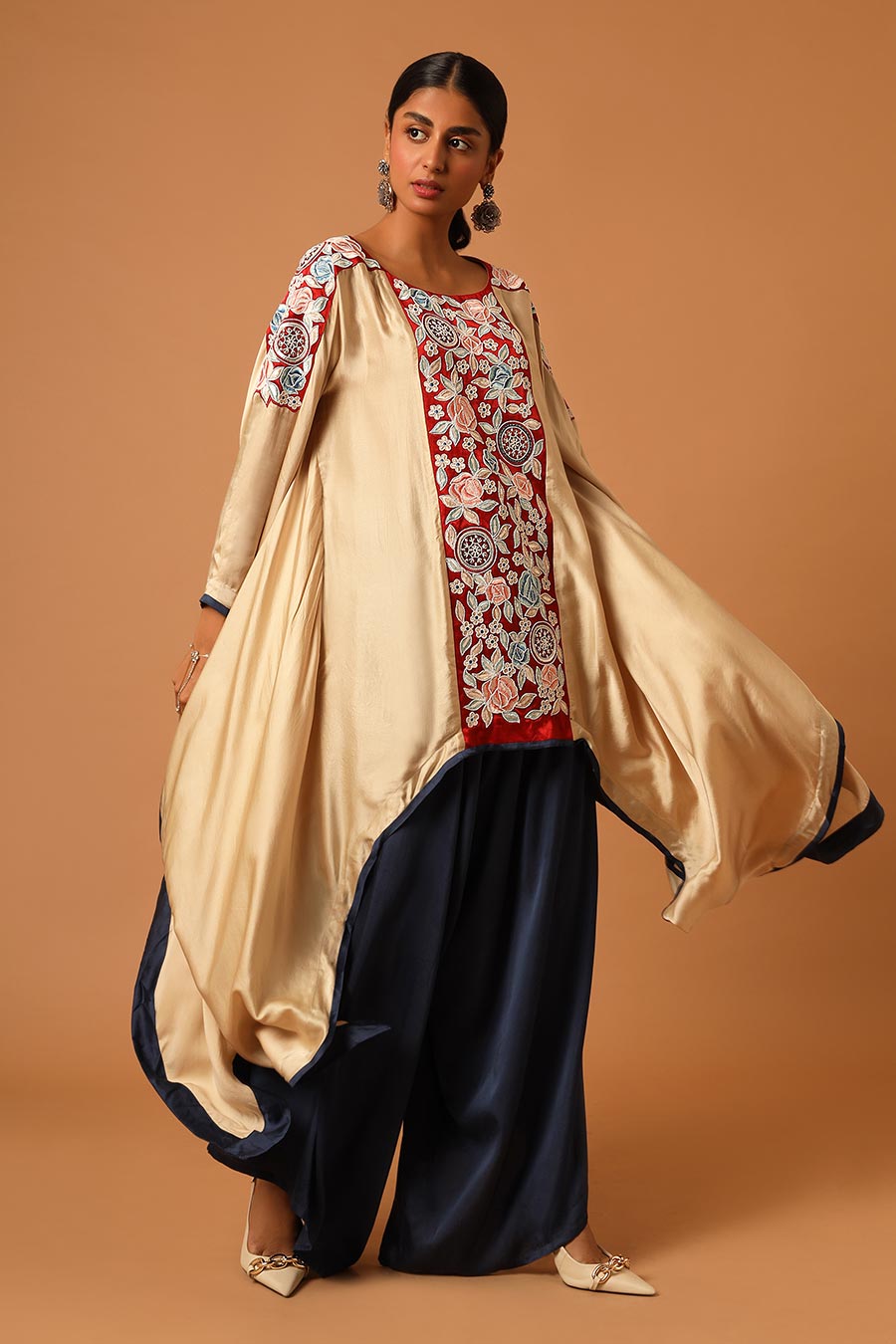 Cream Embroidered Kaftan Top & Blue Asymmetric Pant Set