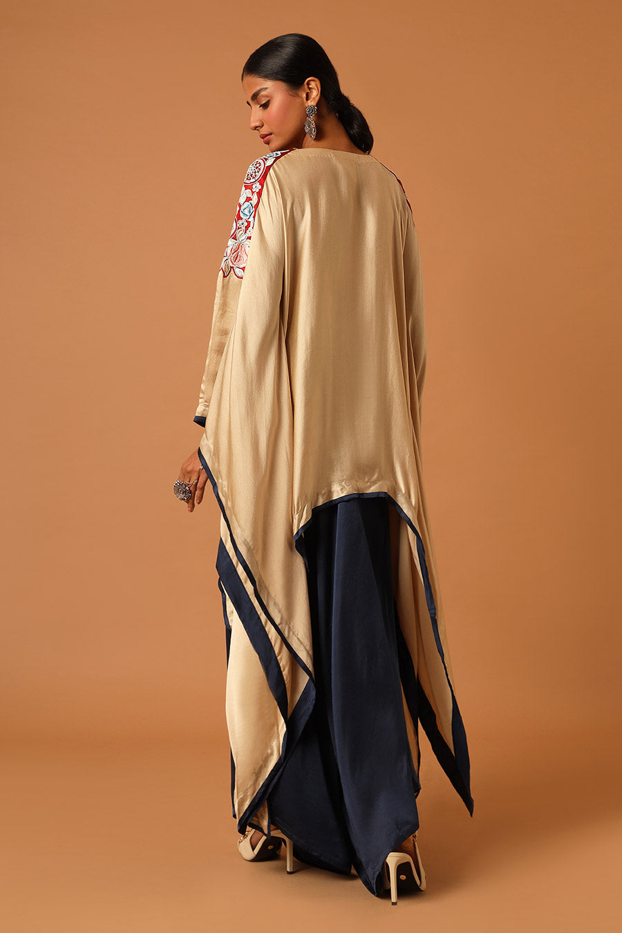 Cream Embroidered Kaftan Top & Blue Asymmetric Pant Set
