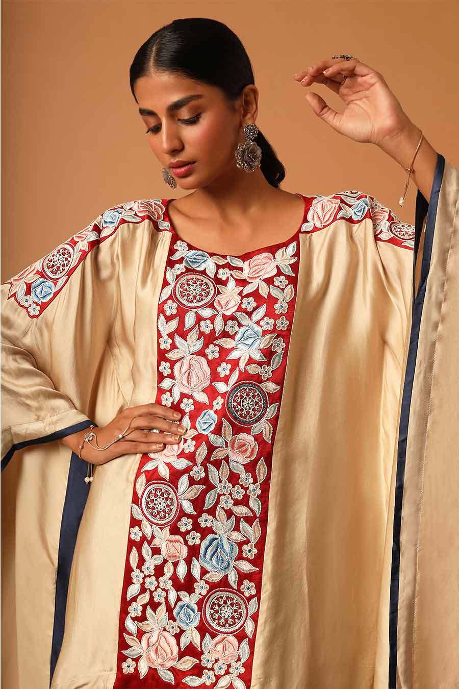 Cream Embroidered Kaftan Top & Blue Asymmetric Pant Set