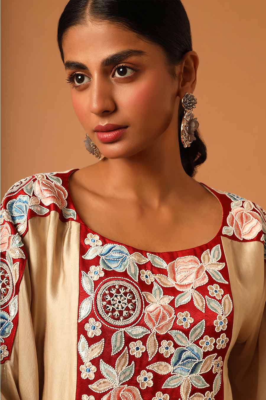 Cream Embroidered Kaftan Top & Blue Asymmetric Pant Set