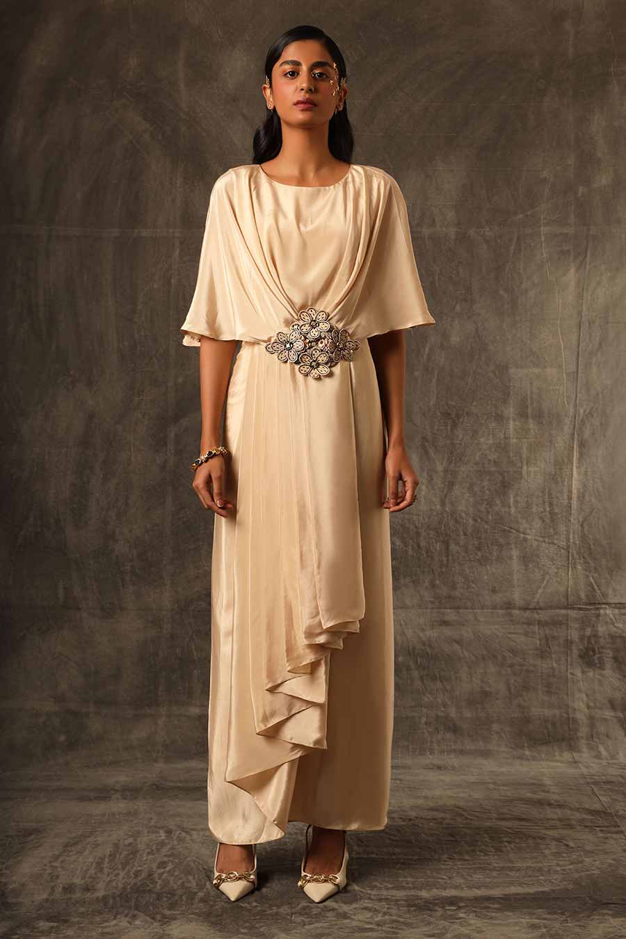 Beige Embroidered Brooch Draped Jumpsuit