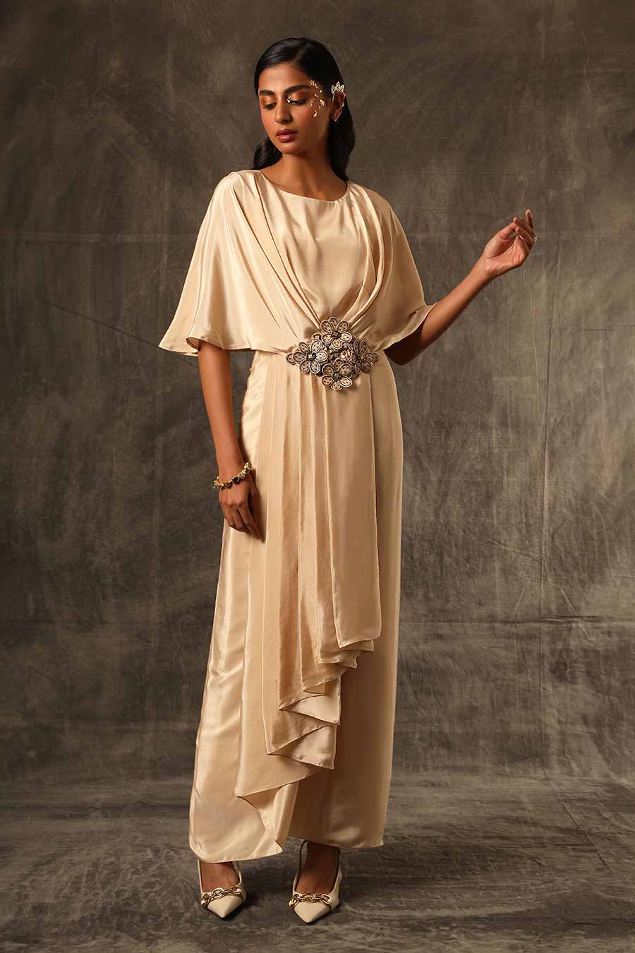 Beige Embroidered Brooch Draped Dress