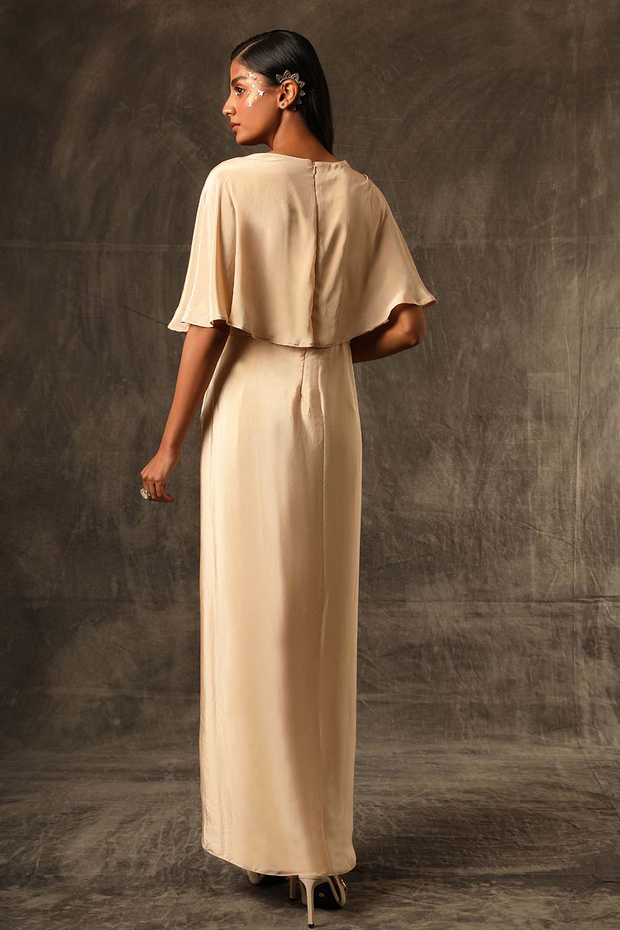 Beige Embroidered Brooch Draped Dress