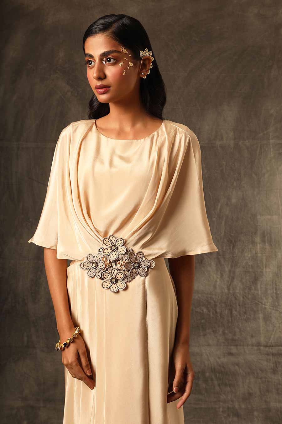 Beige Embroidered Brooch Draped Dress