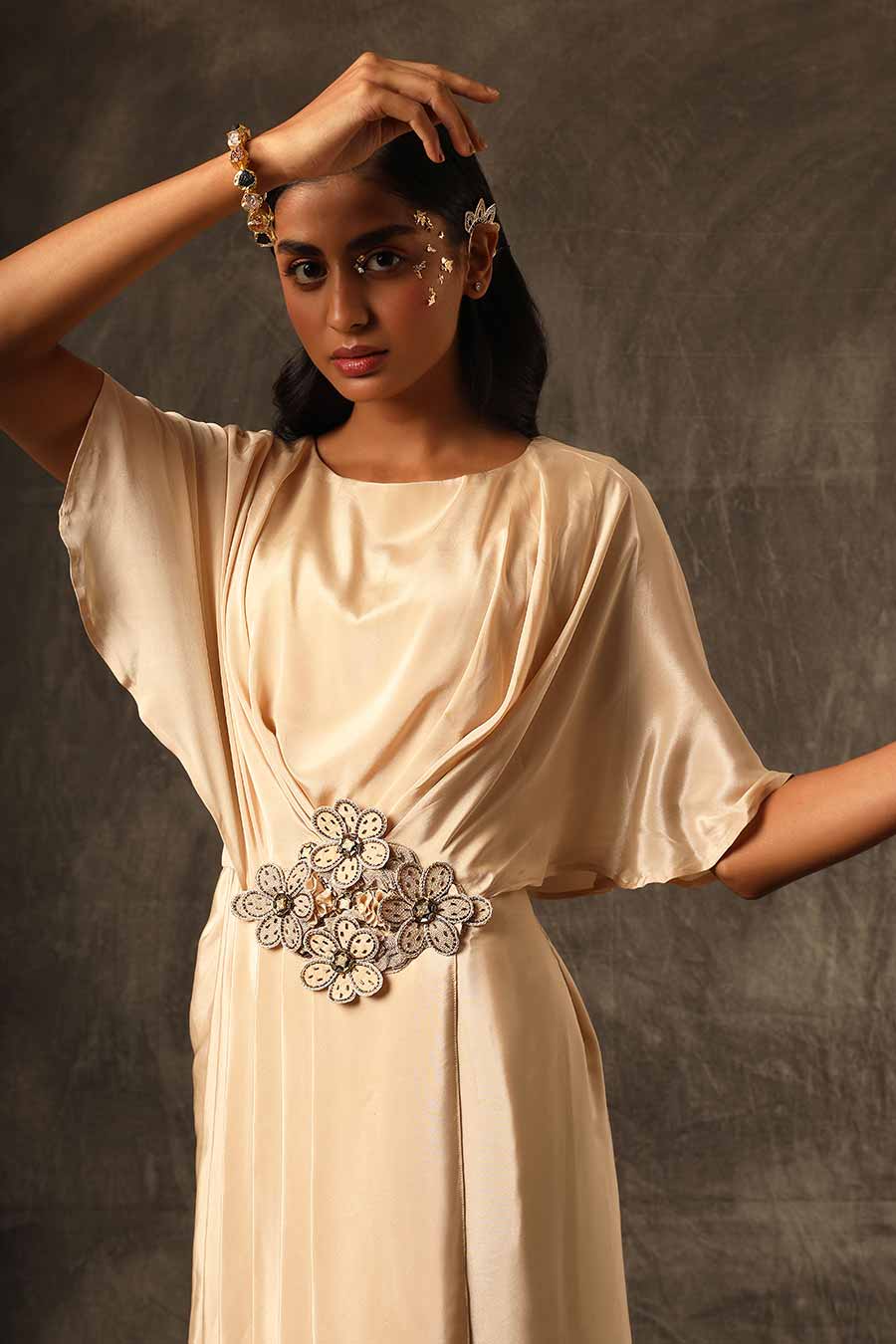 Beige Embroidered Brooch Draped Dress