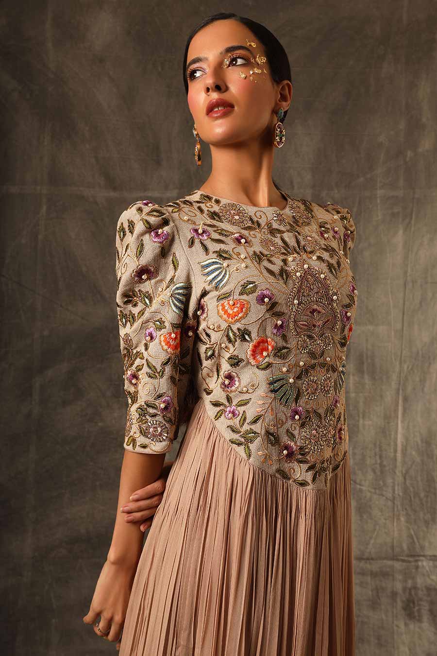 Fawn Beige Embroidered A-Line Dress