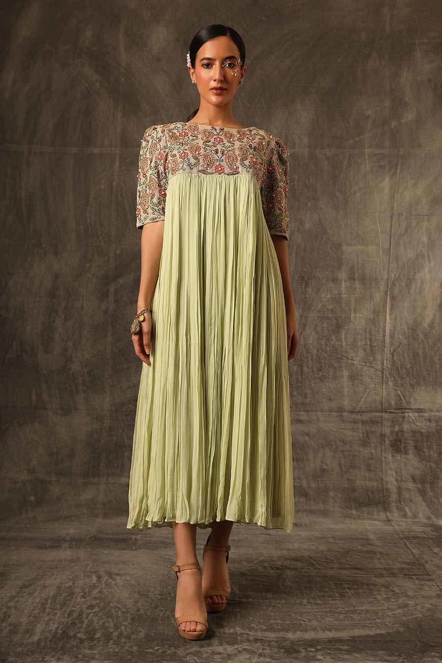 Mint Green Embroidered Gathered Dress