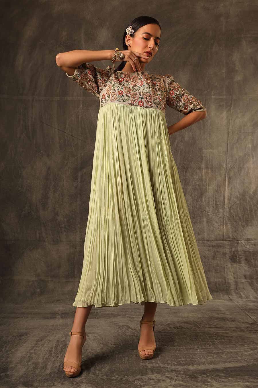Mint Green Embroidered Gathered Dress