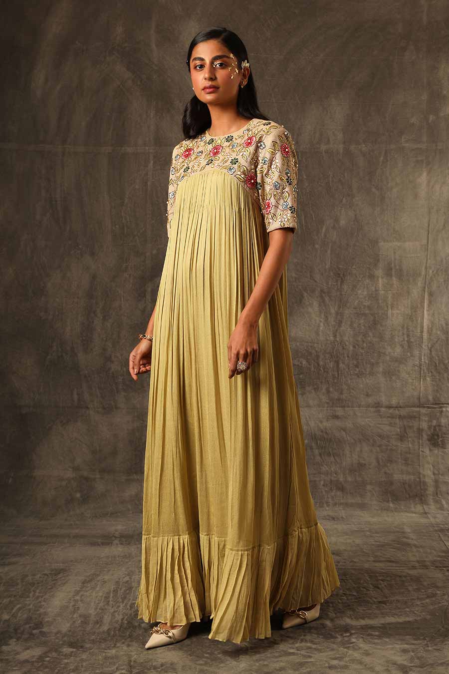 Green Embroidered Gathered Gown Dress