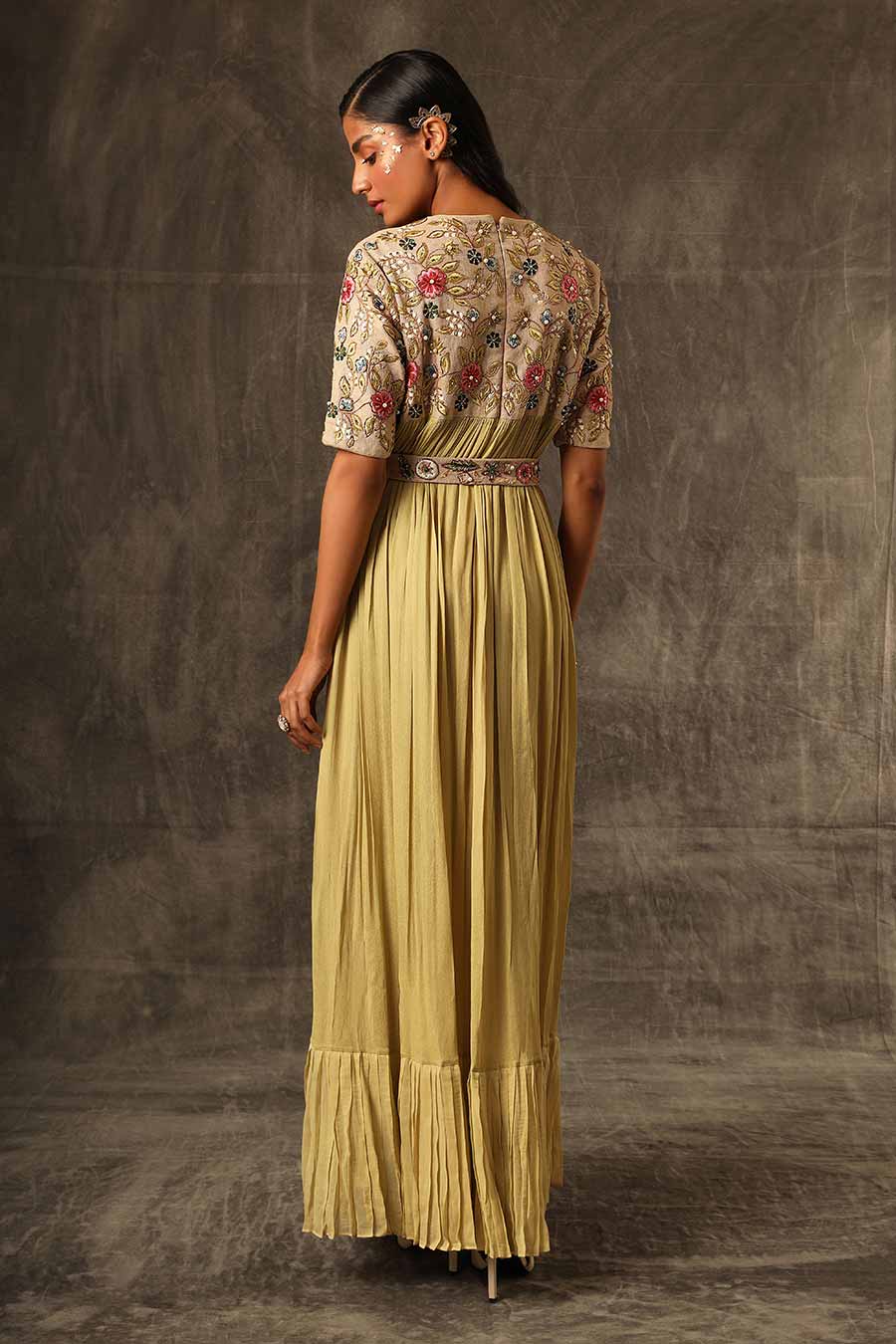 Green Embroidered Gathered Gown Dress