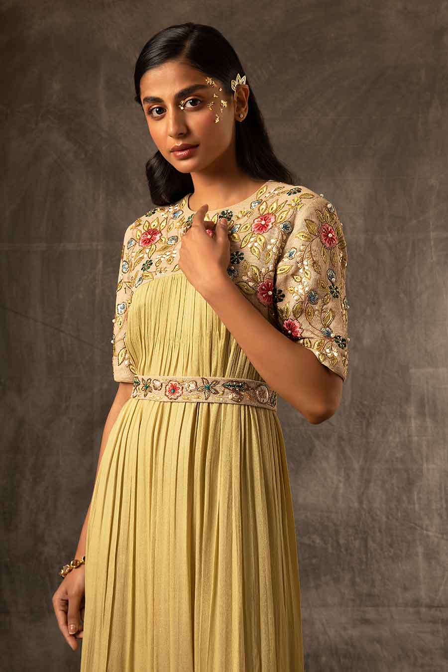 Green Embroidered Gathered Gown Dress