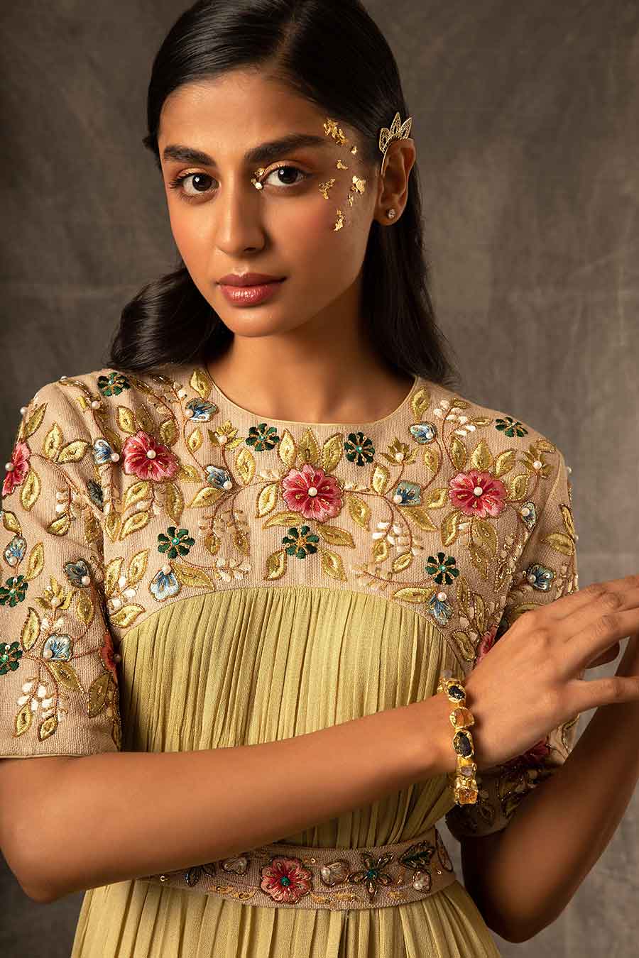 Green Embroidered Gathered Gown Dress