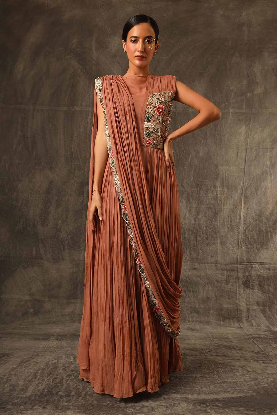 Cinnamon Brown Embroidered Saree Gown