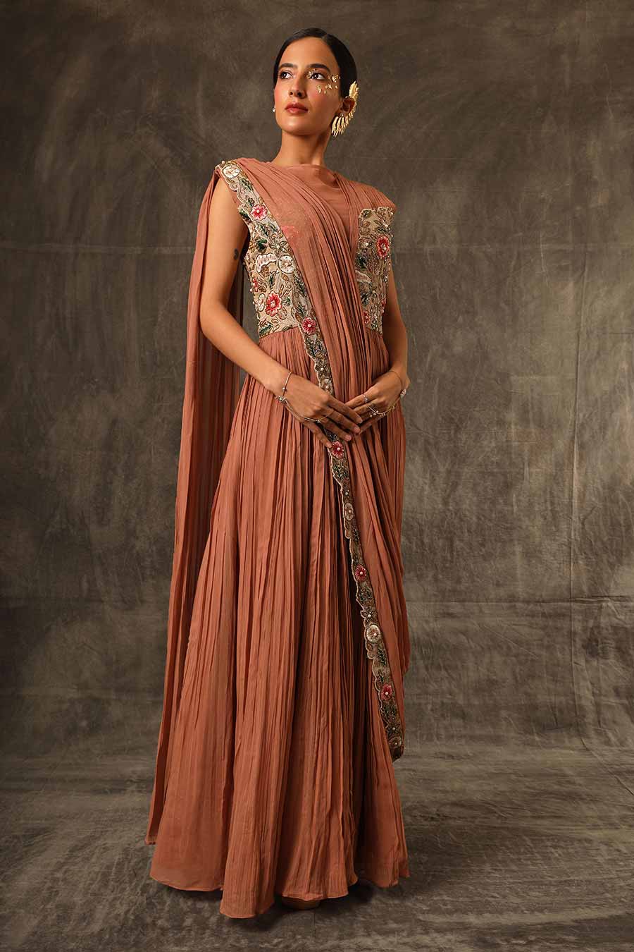 Cinnamon Brown Embroidered Saree Gown