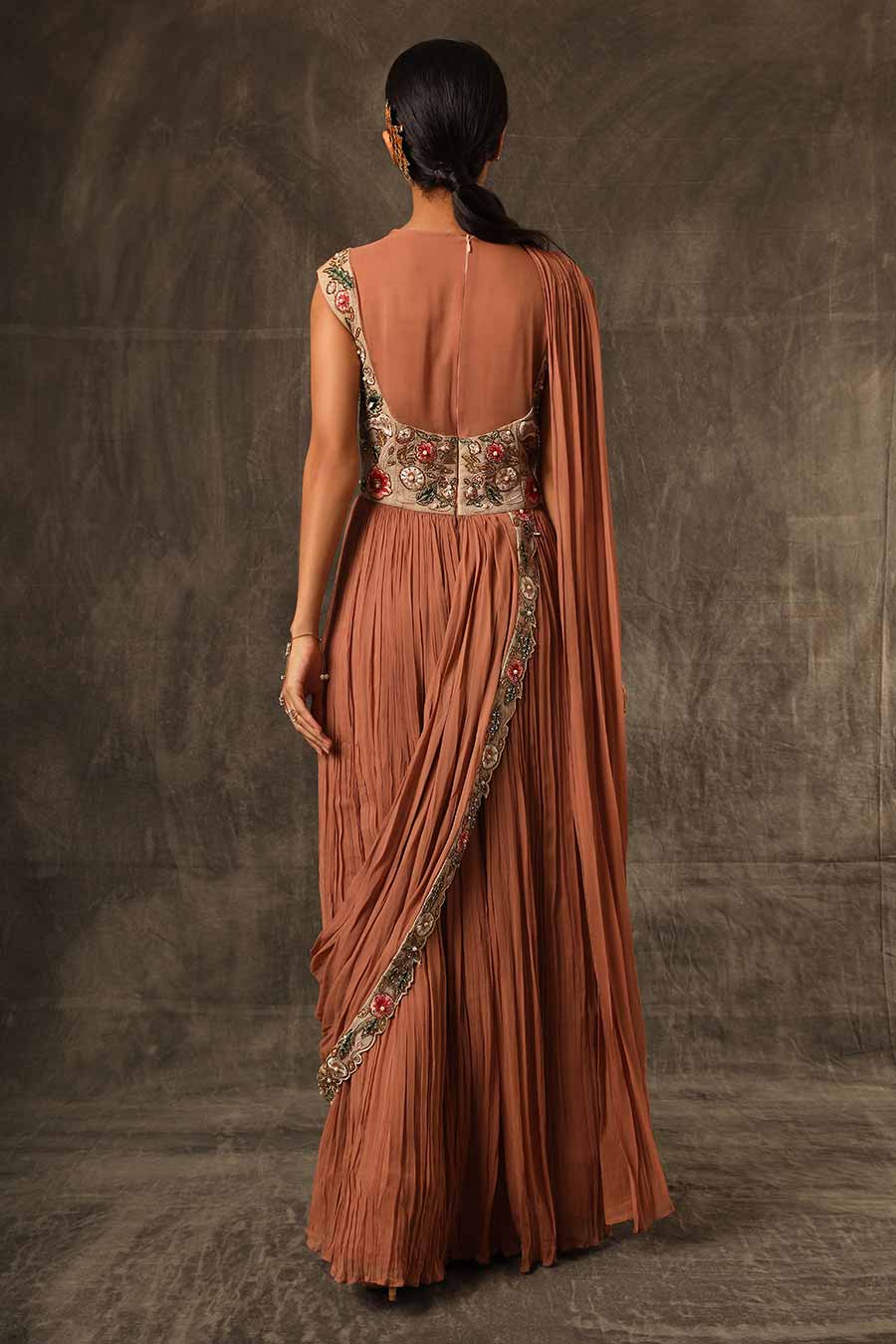 Cinnamon Brown Embroidered Saree Gown