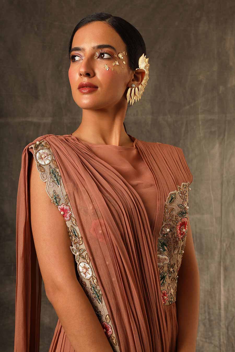 Cinnamon Brown Embroidered Saree Gown