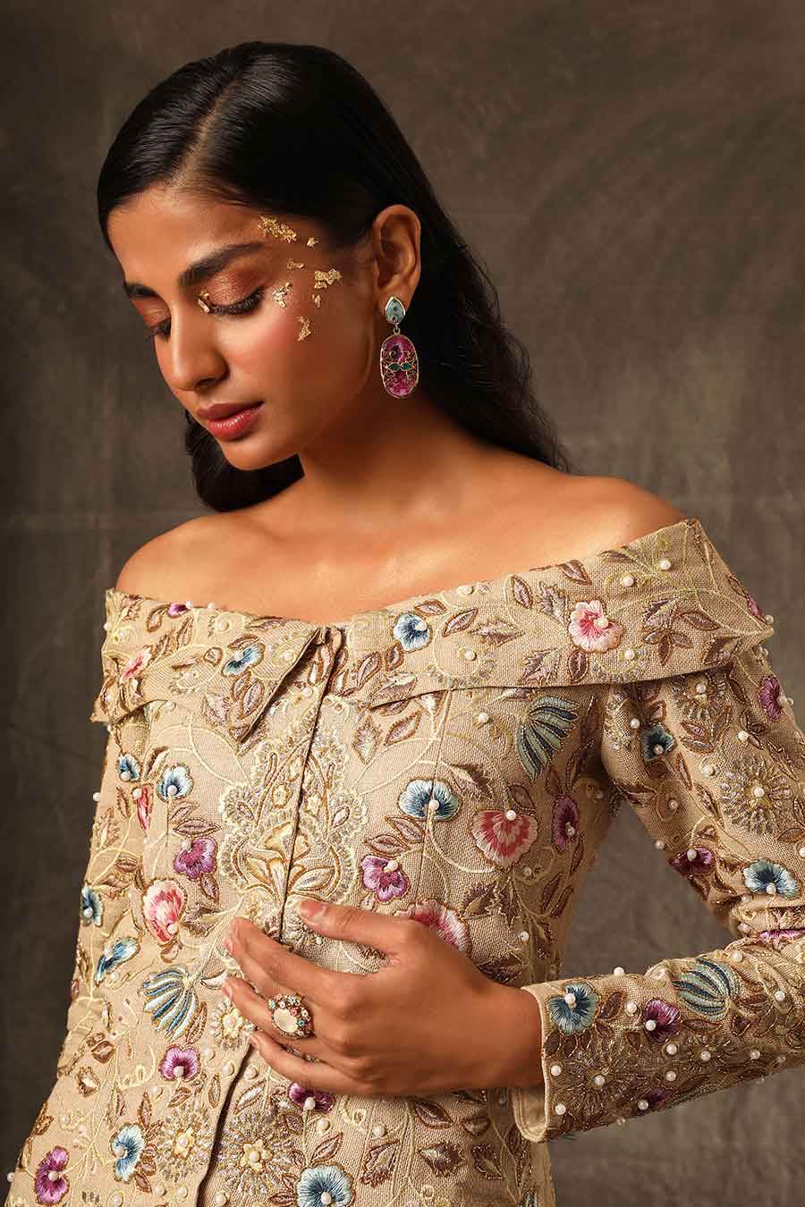 Beige Embroidered Top & Lemon Pant Set