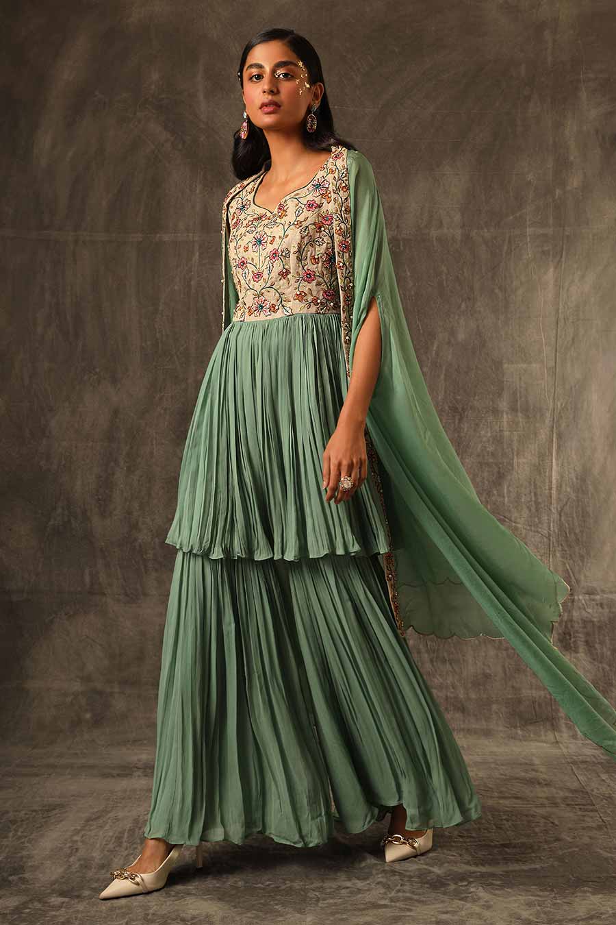 Green Embroidered Sharara Set With Cape