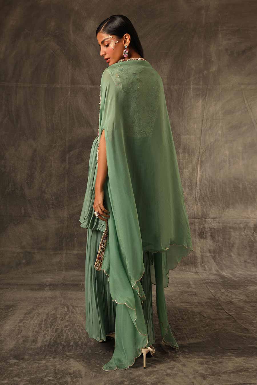 Green Embroidered Sharara Set With Cape