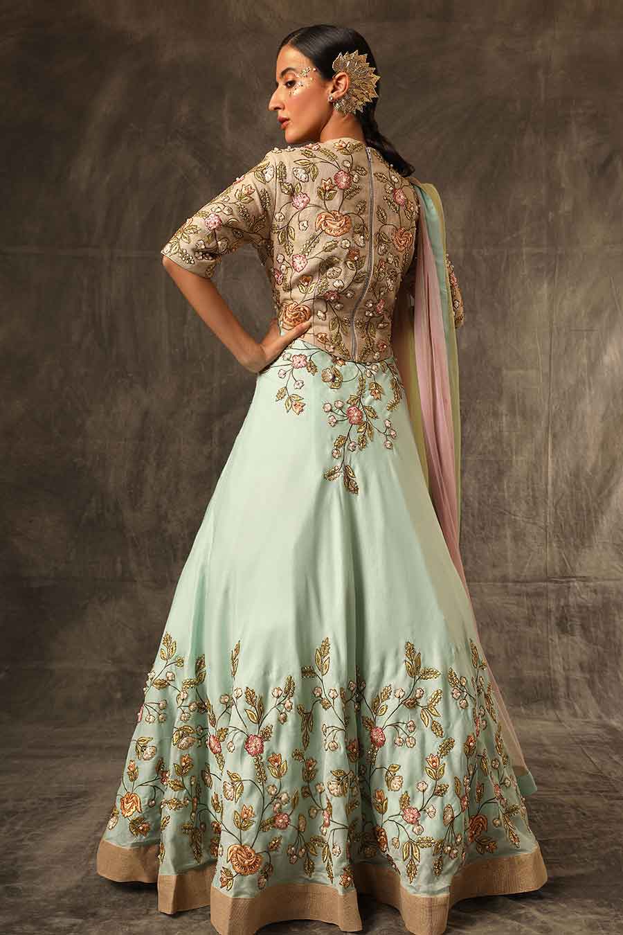 Mint Green Aari Embroidered Lehenga Set